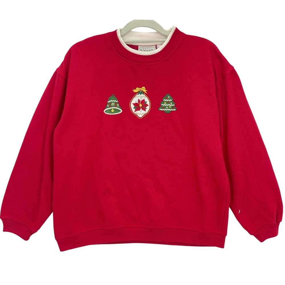 Ugly Christmas Sweater Women Small Vtg 90s Red Tree Bell Sweatshirt Embroidered